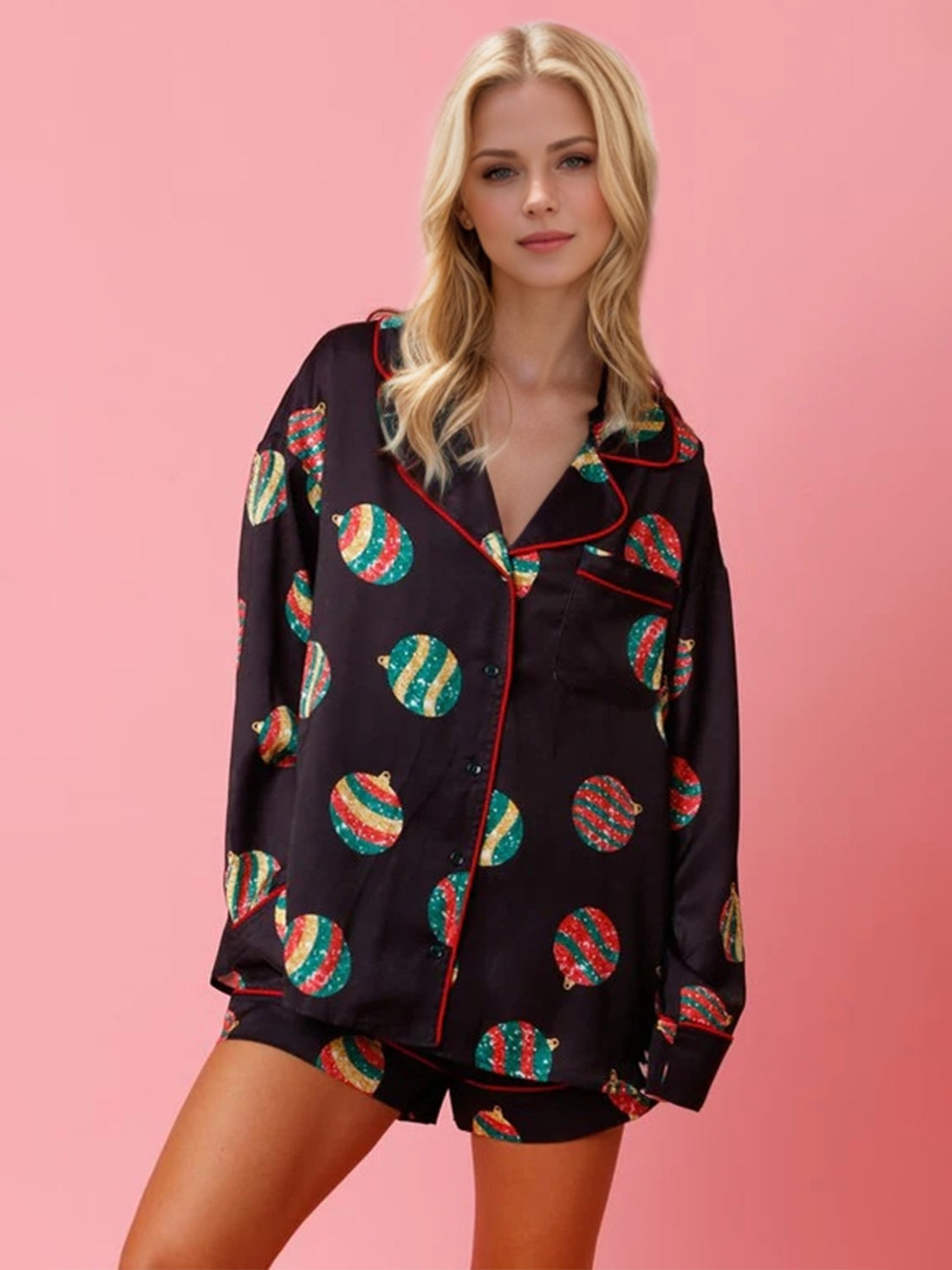 Printed Collared Neck Long Sleeve Top and Shorts Set