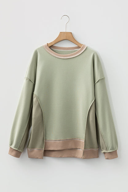Colorblock Waffle Knit Patchwork Reverse Seam Oversize Sweatshirt
