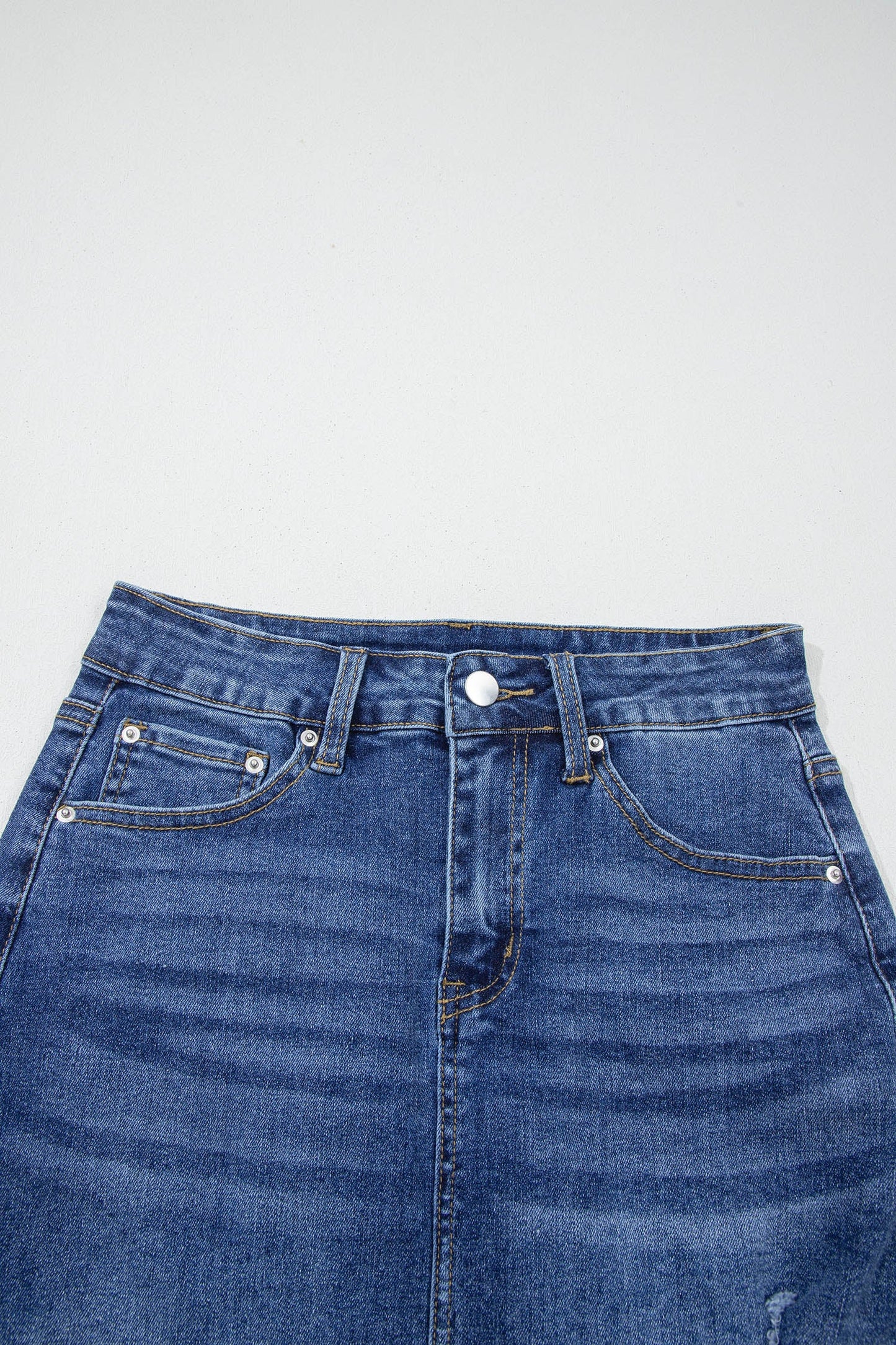 Denim Asymmetrical Distressed Midi Skirt