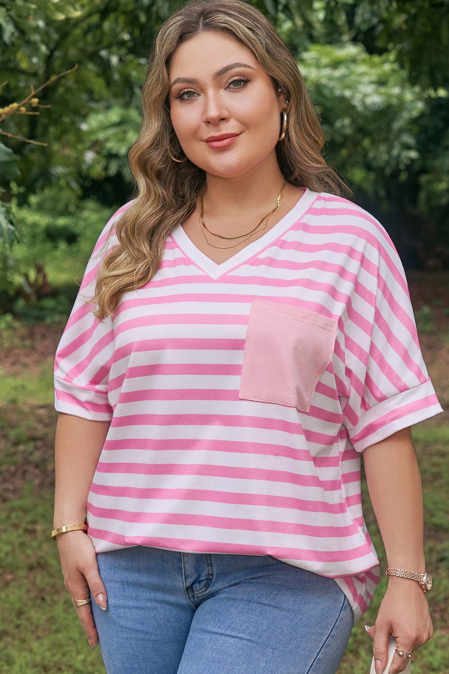 Plus Size Stripe Colorblock Patch Pocket Tee