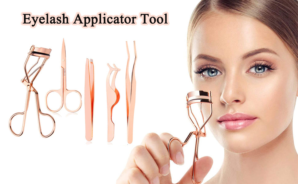 5 Pieces Eyelash Applicator Tool False Eyelashes Applicator Eyebrow Curler Eyebrow Scissors (Rose Golden)