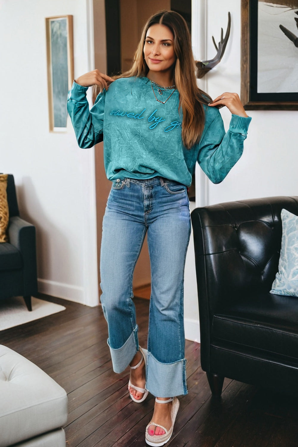 SAVED BY GRACE Embroidered Mineral Wash Sweatshirt