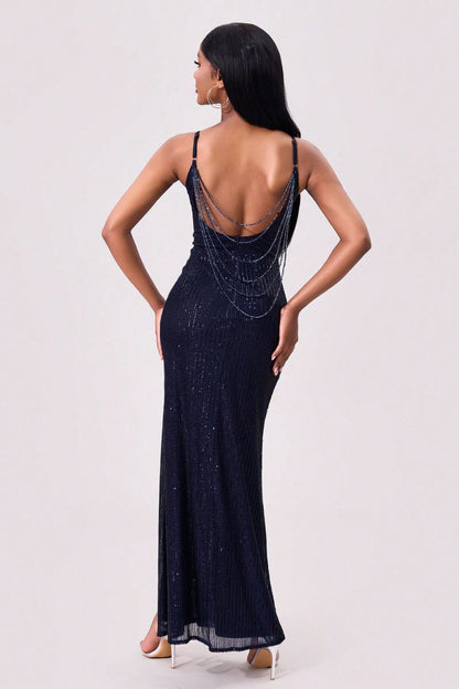 Black Split Sequin Backless Maxi Cami Dress
