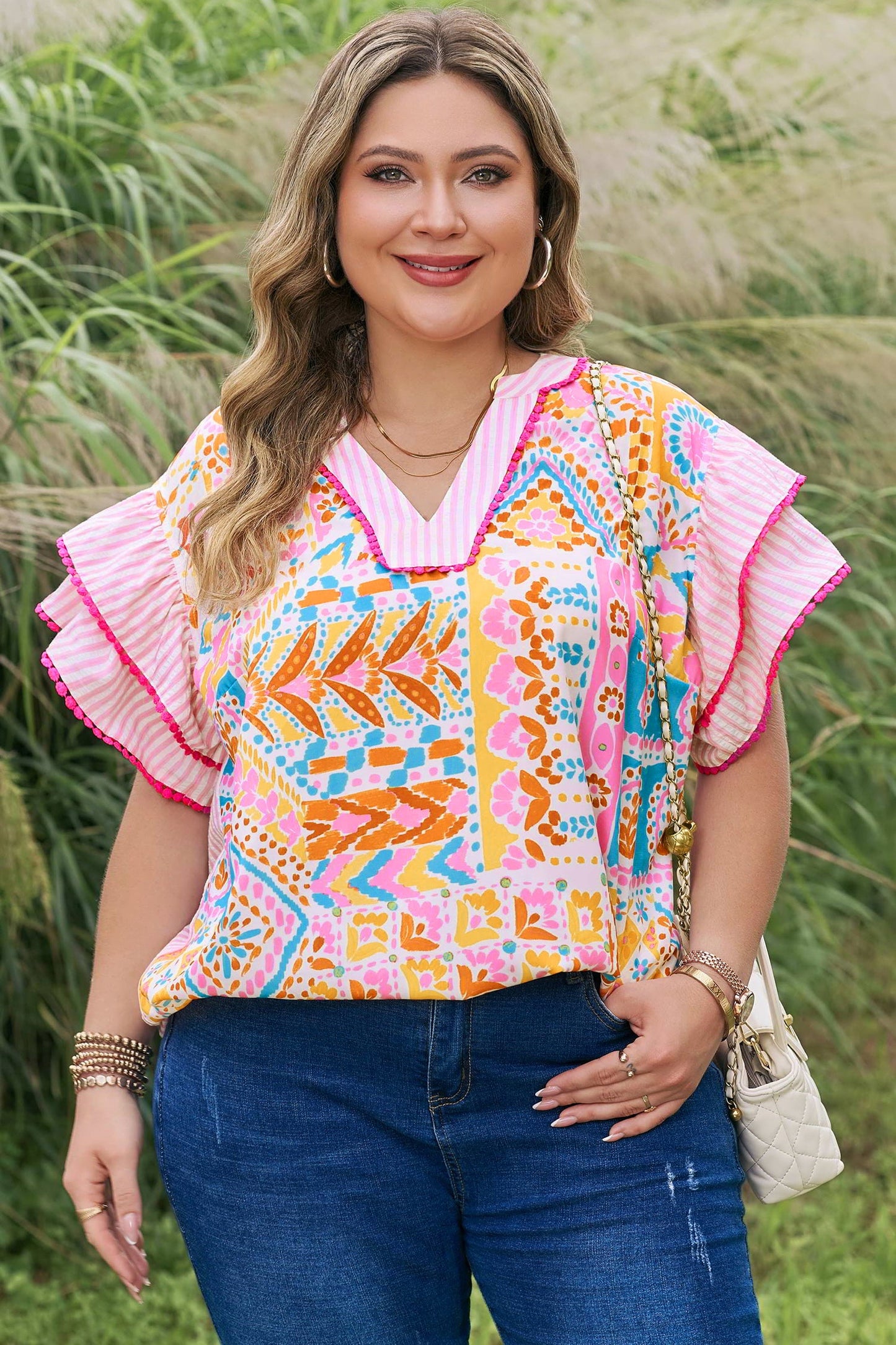 Plus Size Geometric Stripe Contrast Trim V-Neck Blouse