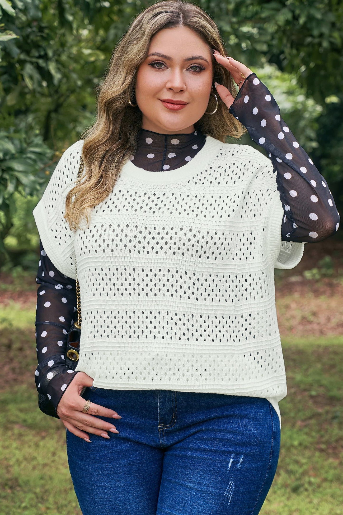 Plus Size Eyelet Hollow Out Dolman Knit Sweater