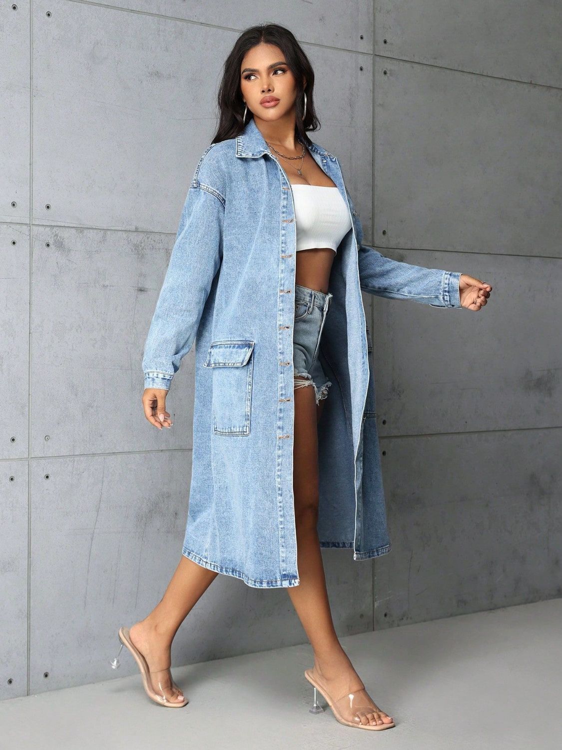 Oversized Pocketed Button Up Collared Neck Denim Top