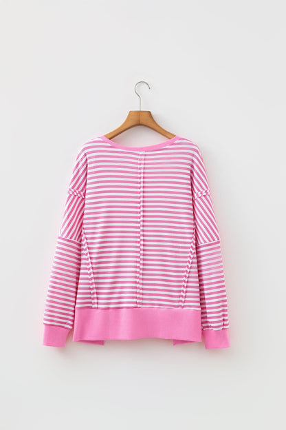 Stripe Textured Knit Exposed Seam Split Hem Sweater