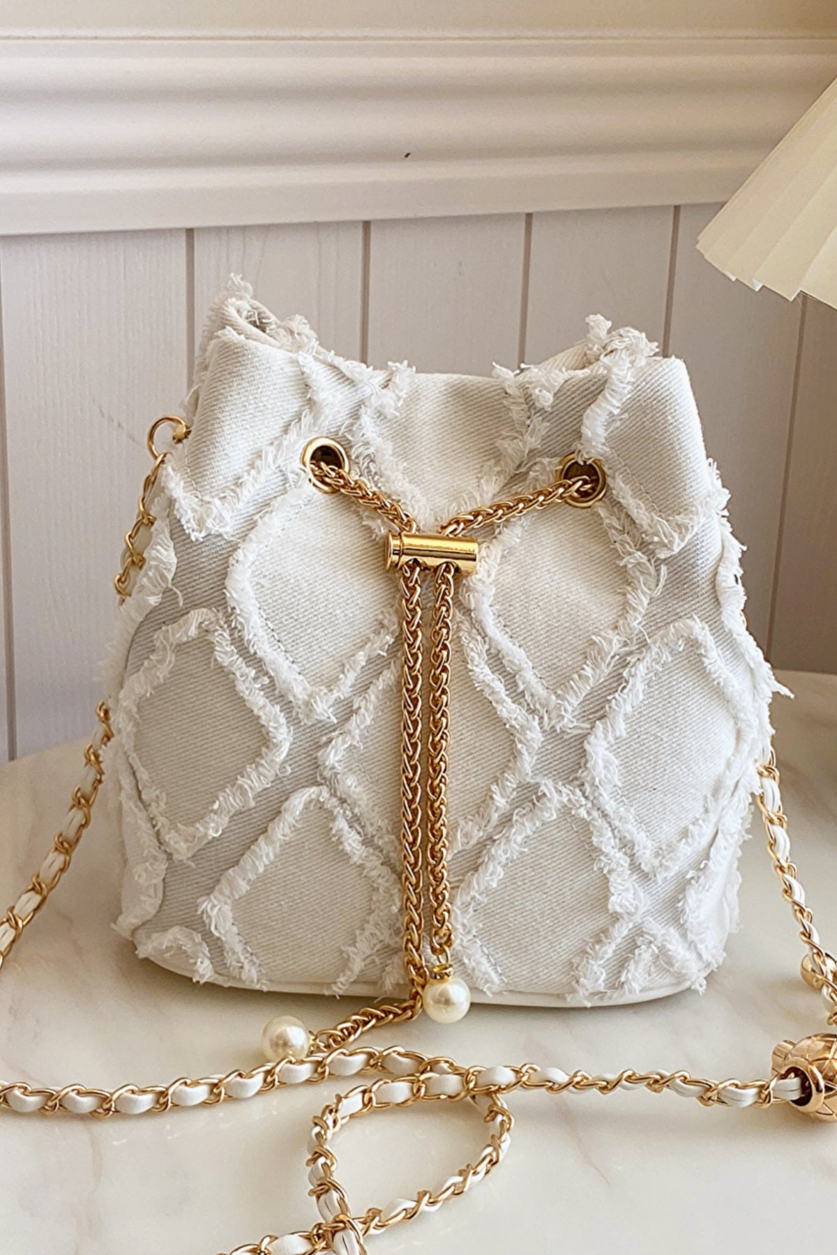 Chain Drawstring Raw Edge Denim Bucket Bag