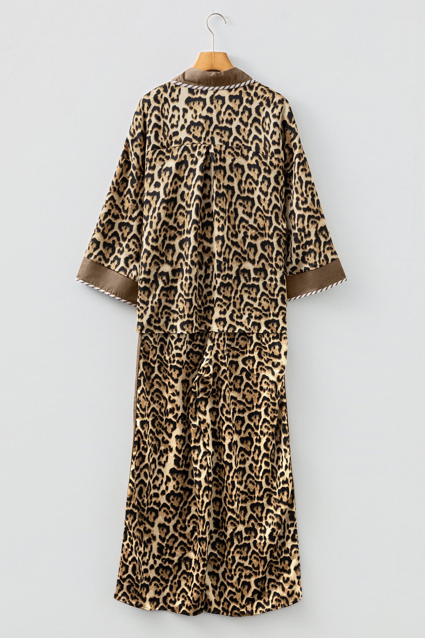 Leopard Collared 3/4 Sleeve Shirt and Pants Set