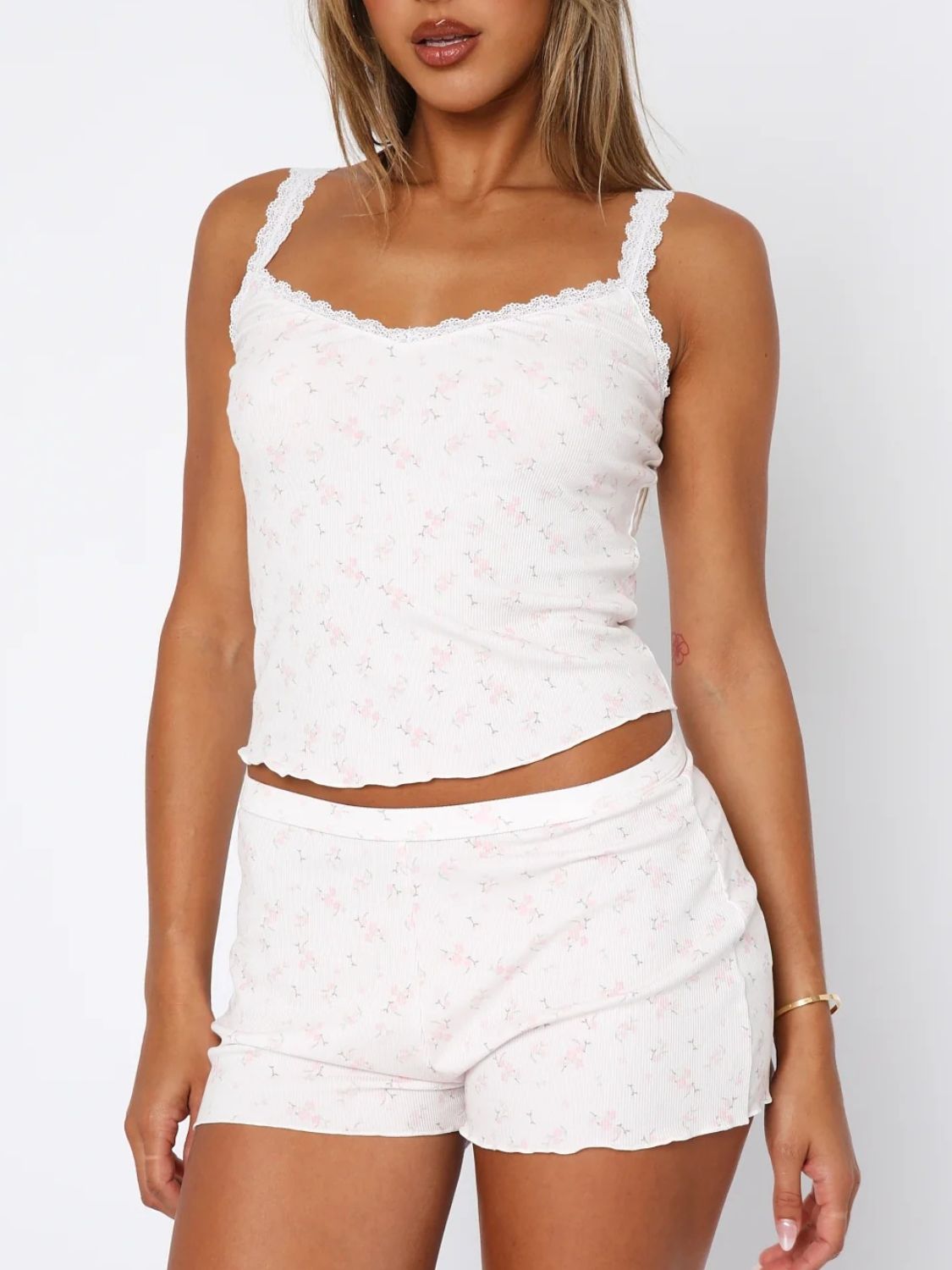 Darling Lace Detail Printed Cami and Shorts Set