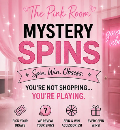 Promotional graphic for 'The Pink Room Mystery Spins' with pink and black text on a pink background.