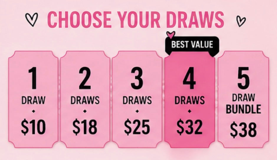 Pink promotional graphic with draw options and prices on a pink background