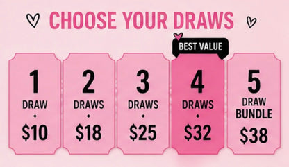 Pink promotional graphic with draw options and prices on a pink background