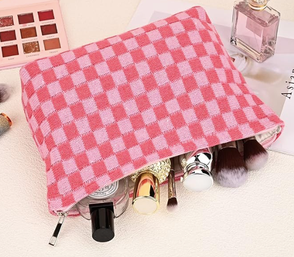 Checkered Pink Cosmetic Bag