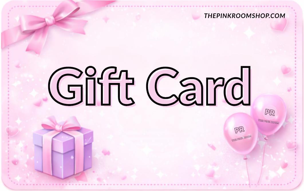Gift card with pink design featuring balloons and a bow, branded 'THEPINKROOMSHOP.COM'.