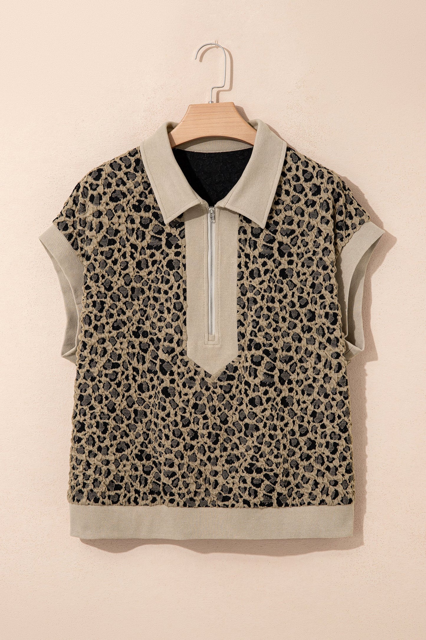 Plus Size Leopard Patchwork Ribbed Zip Up Collar Top