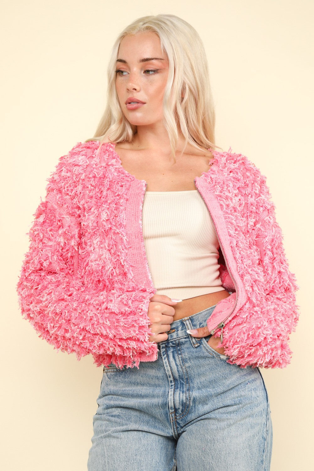 VERY Pink Shaggy Yarn Knit Zip Up Jacket