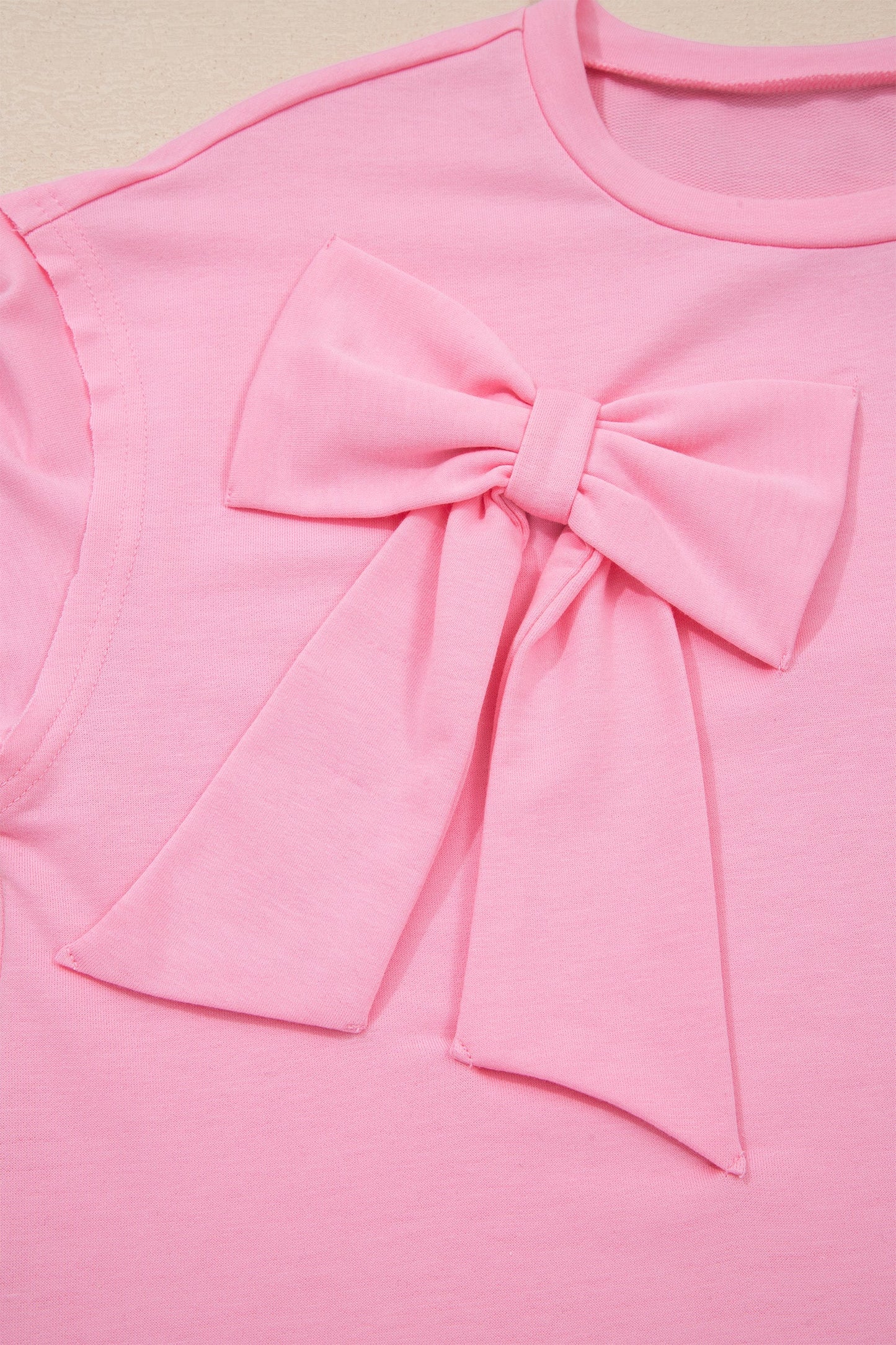 Solid Bow Patch Raw Edge Loose T-Shirt