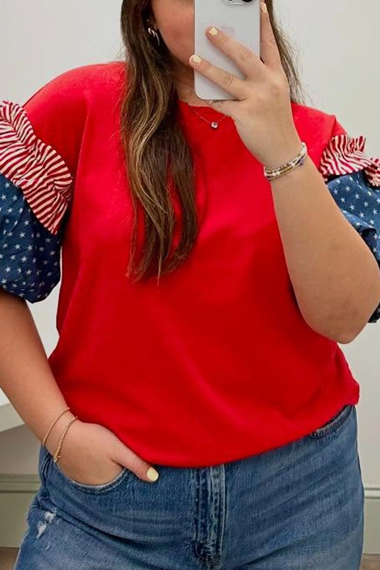 Plus Size Stars & Stripe Patchwork Puff Sleeve Top