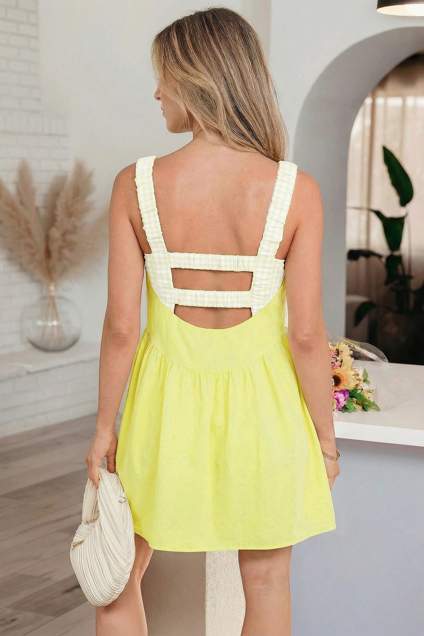 Gingham Patchwork Faux Two Piece Mini Dress
