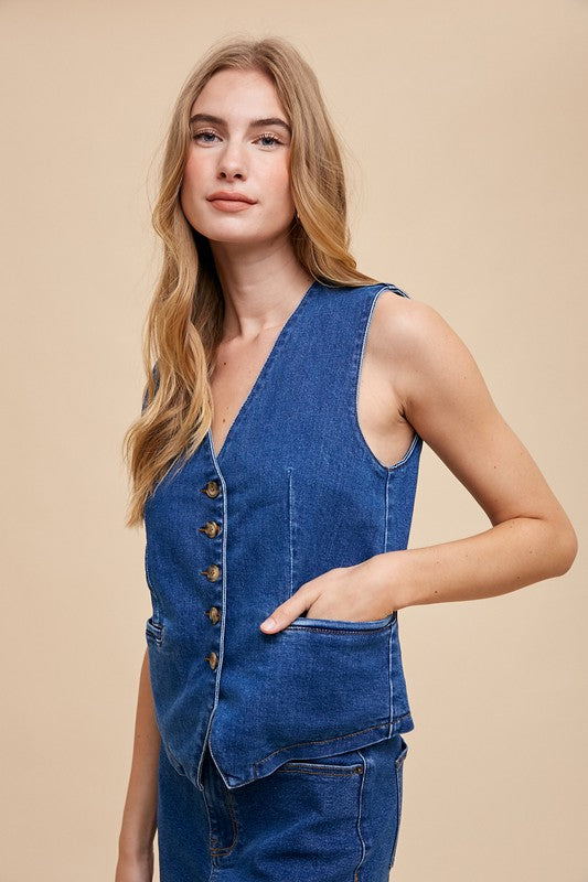 Annie Wear Button Down V-Neck Denim Vest