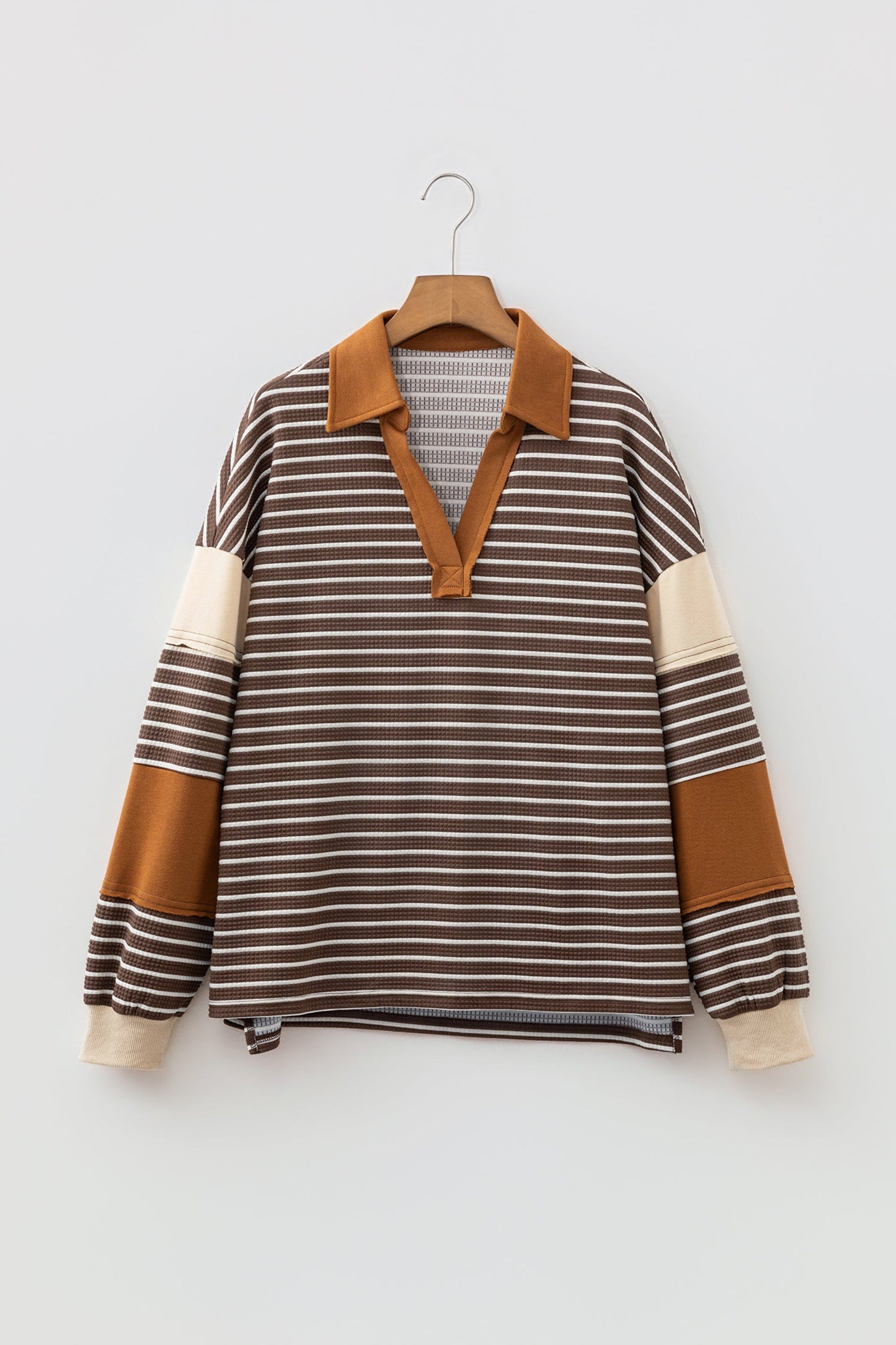 Stripe Colorblock Collared V-Neck Long Sleeve Top
