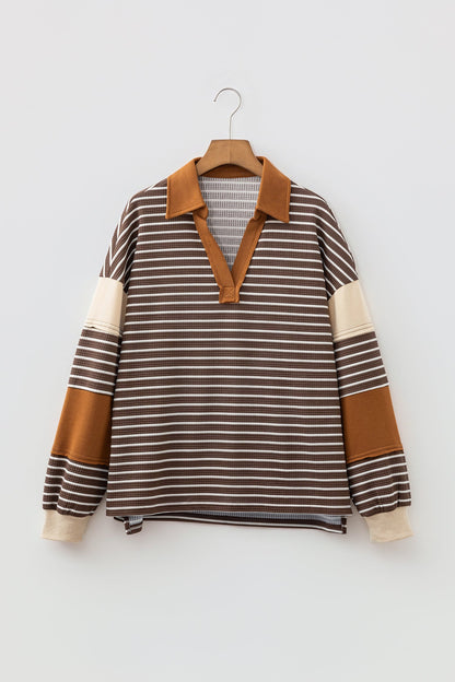 Stripe Colorblock Collared V-Neck Long Sleeve Top