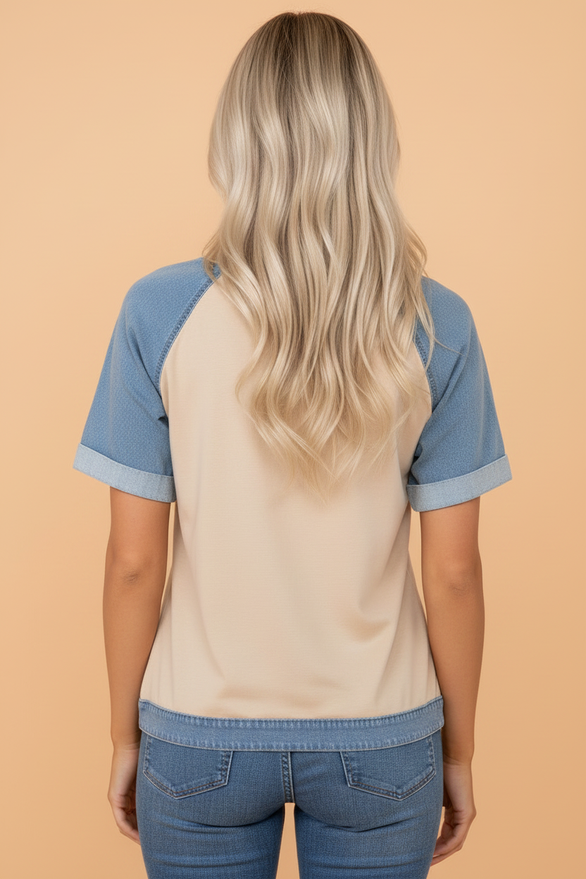 Colorblock Denim Patchwork Raglan Sleeve Tee