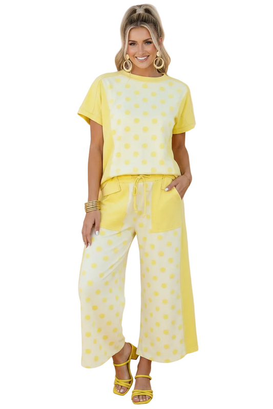 Polka Dot Colorblock Patchwork Top and Wide Leg Pants Set