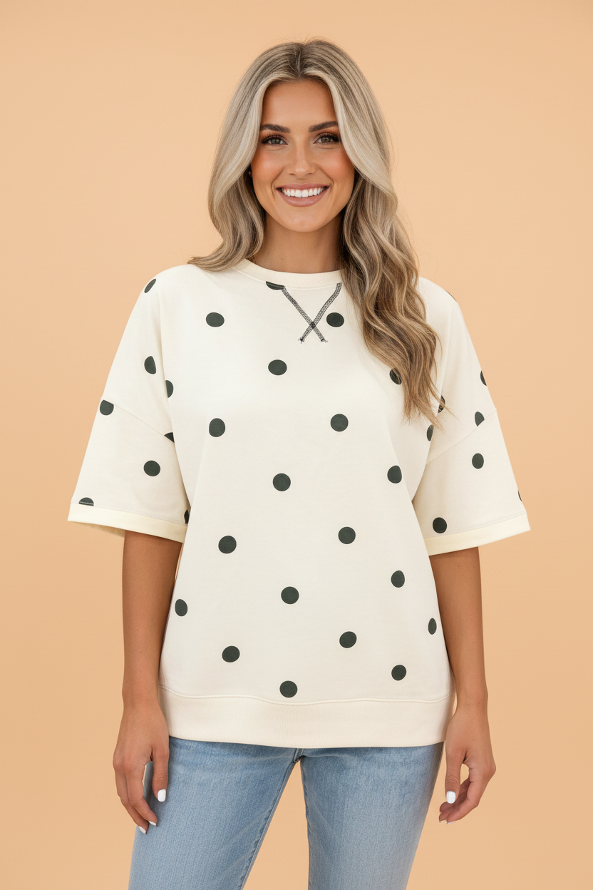 Polka Dot Crossed Seam Detail Oversize Tee