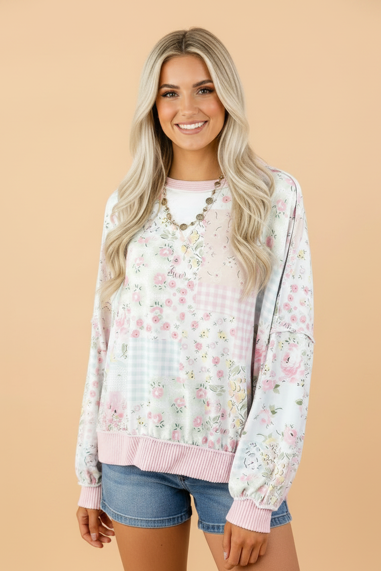 Floral Corded Knit Patchwork Long Sleeve Top
