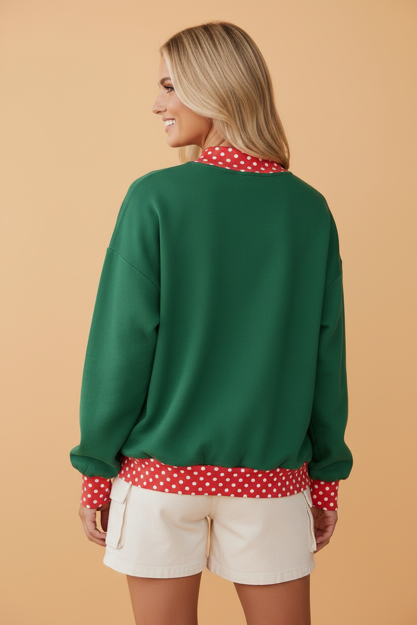 Polka Dot Colorblock Contrast Trim Long Sleeve Sweatshirt