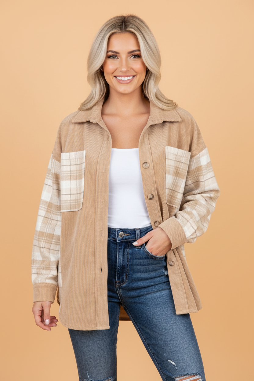 Plaid Colorblock Patch Pocket Buttoned Shacket