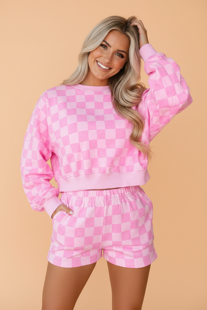 Checker Long Sleeve Crop Top & Elastic Waist Shorts Set