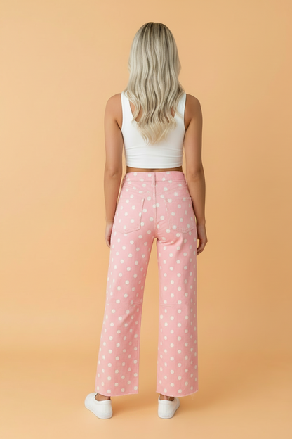 Polka Dot Denim Raw Hem Barrel Jeans