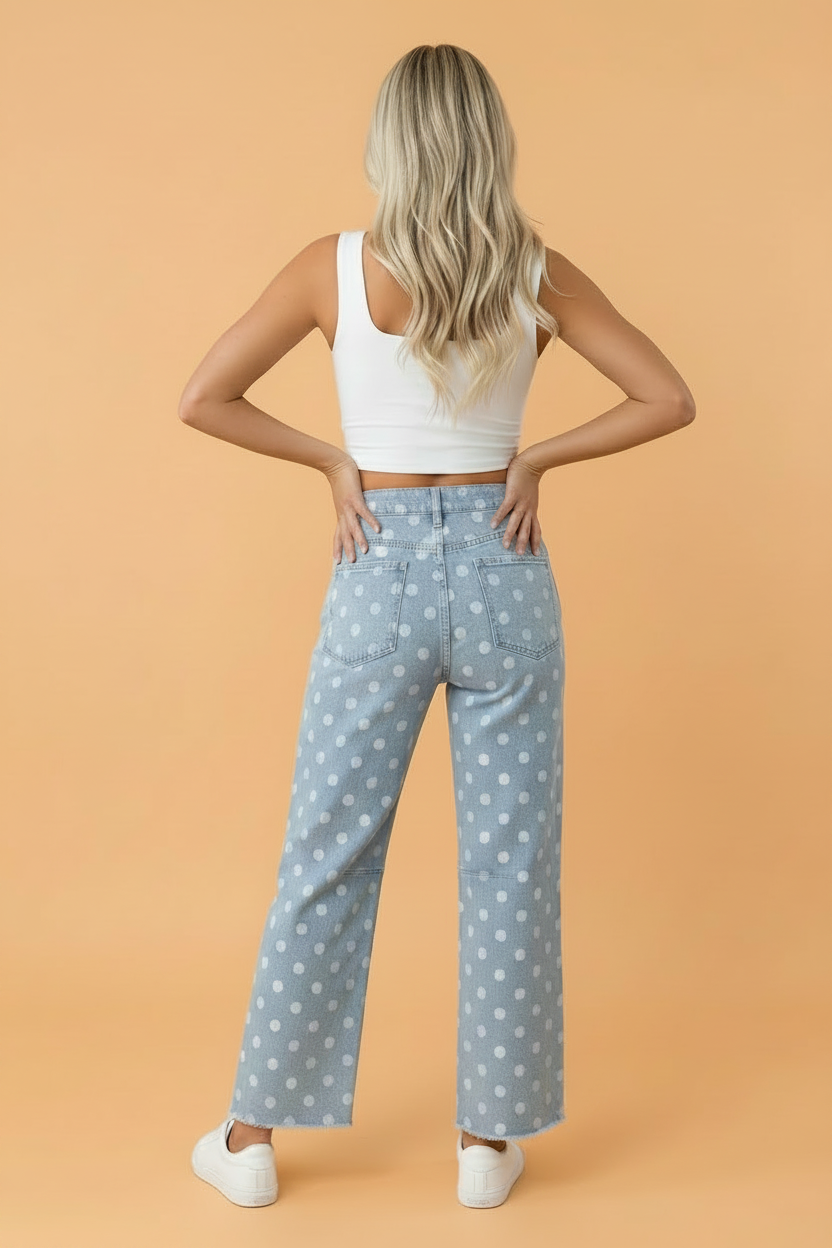 Polka Dot Denim Raw Hem Barrel Jeans