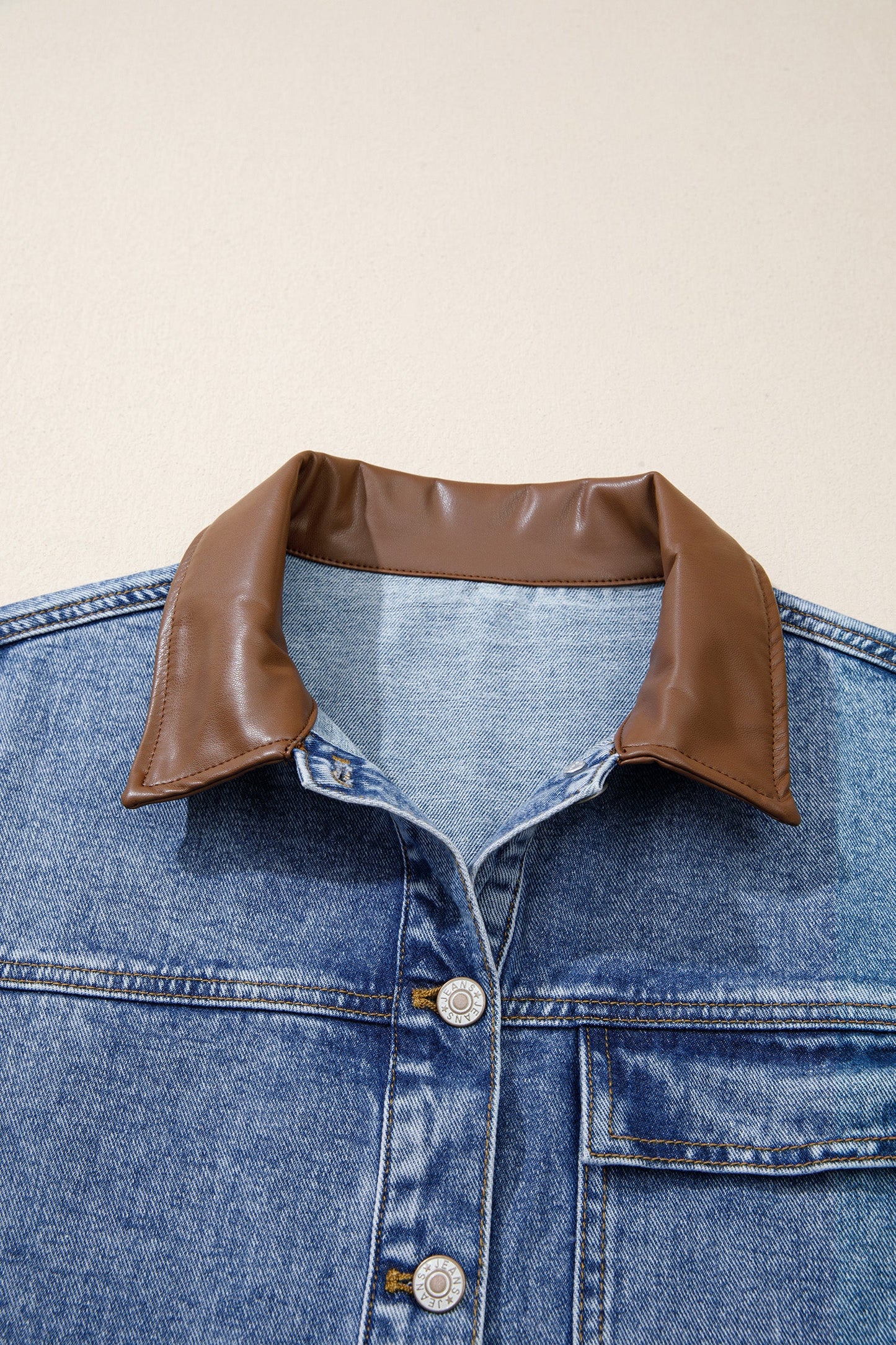Denim Leather Collar Pocketed Button Front Jacket