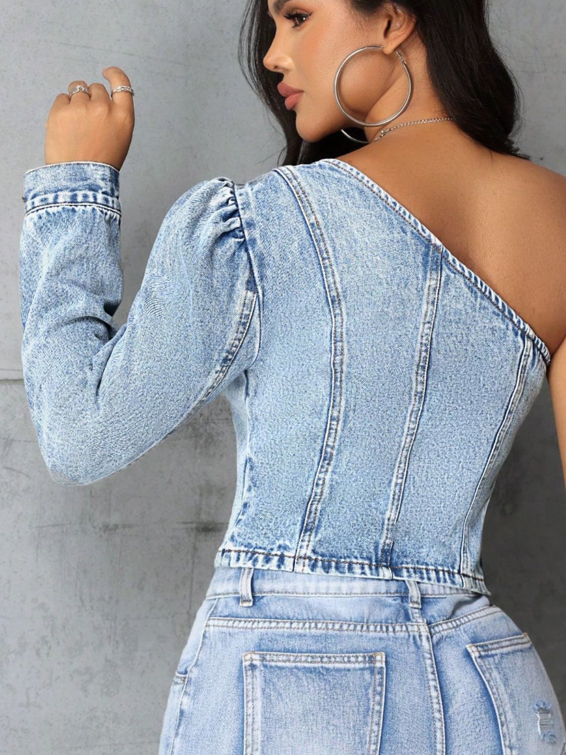 Hilary One Shoulder Long Sleeve Denim Top