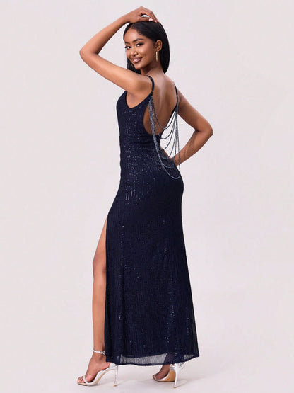 Black Split Sequin Backless Maxi Cami Dress