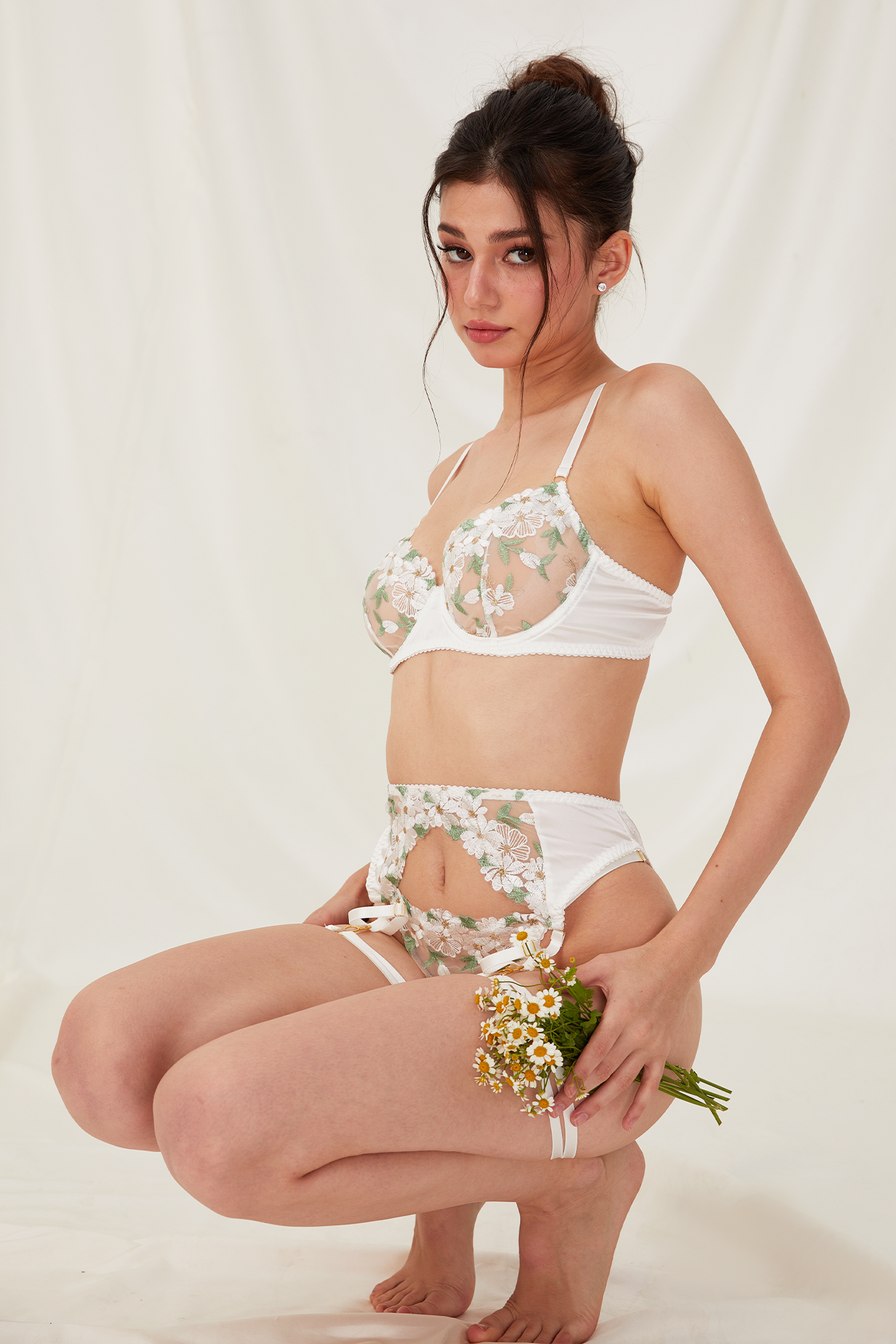 White Floral Embroidered Lingerie