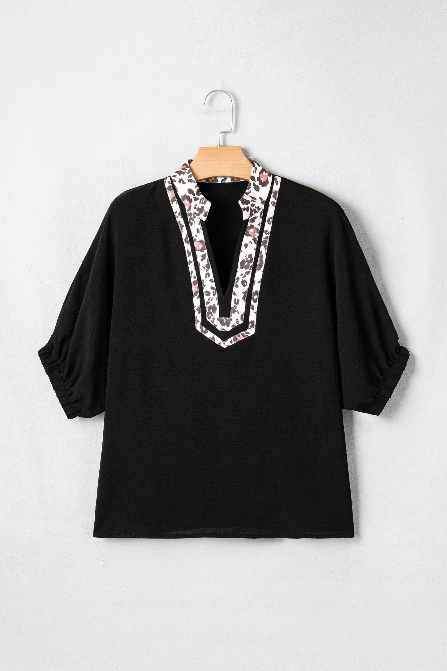 Leopard Patchwork Dolman Sleeve V-Neck Blouse