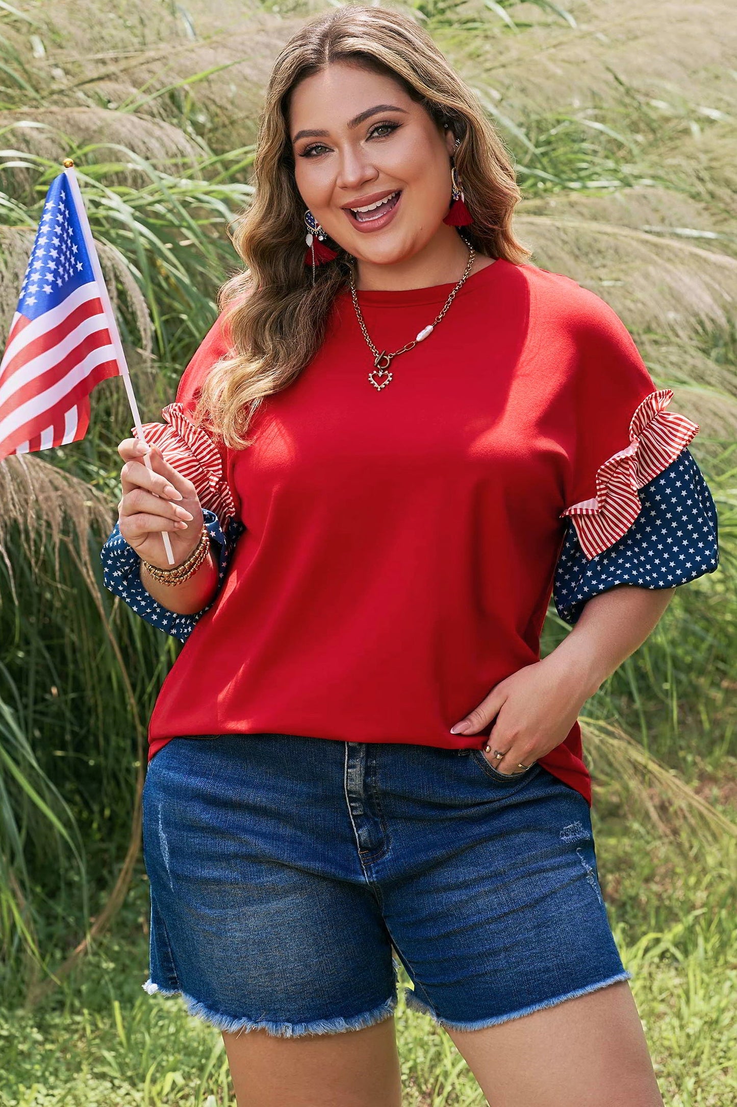 Plus Size Stars & Stripe Patchwork Puff Sleeve Top