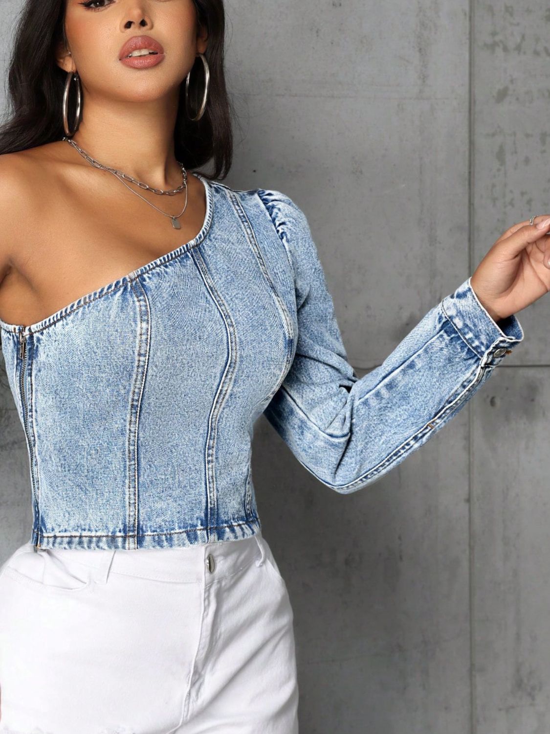 Hilary One Shoulder Long Sleeve Denim Top