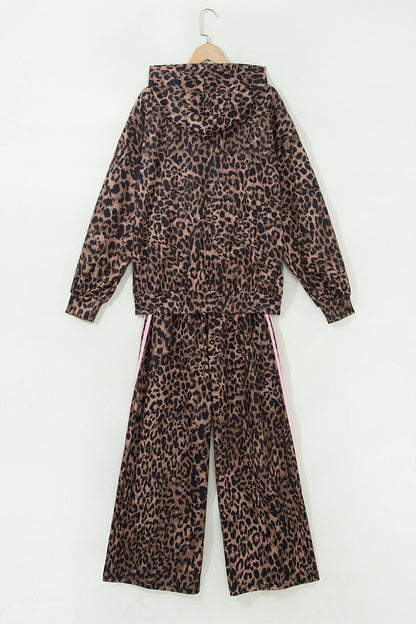 Leopard Contrast Stripe Hoodie & Drawstring Pants Set