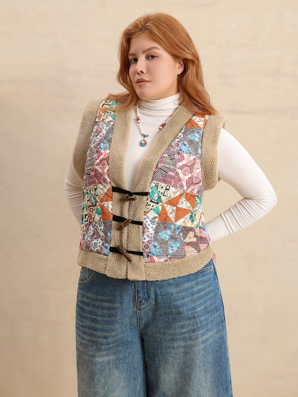 Plus Size Printed Sherpa Vest Coat