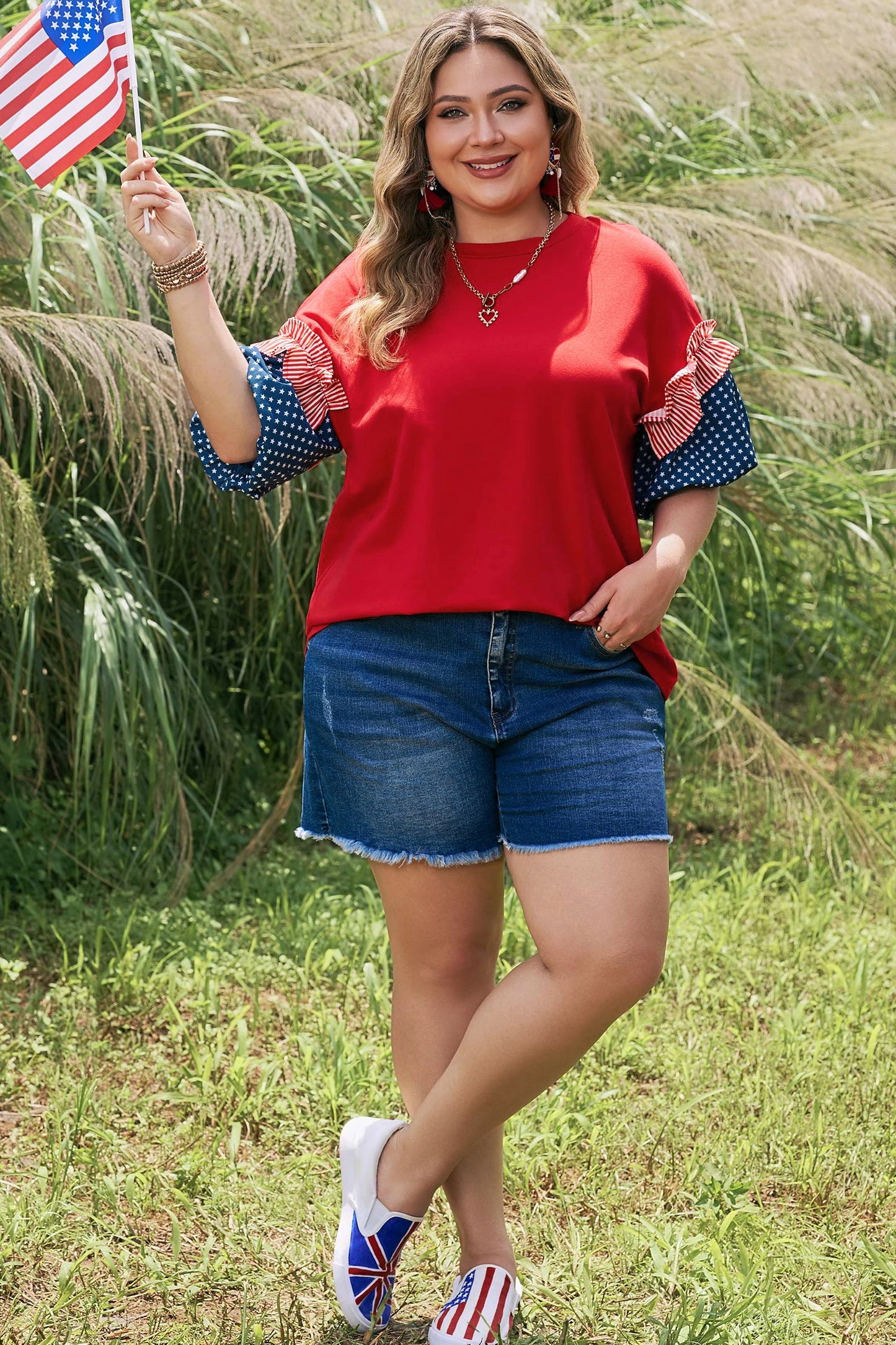 Plus Size Stars & Stripe Patchwork Puff Sleeve Top