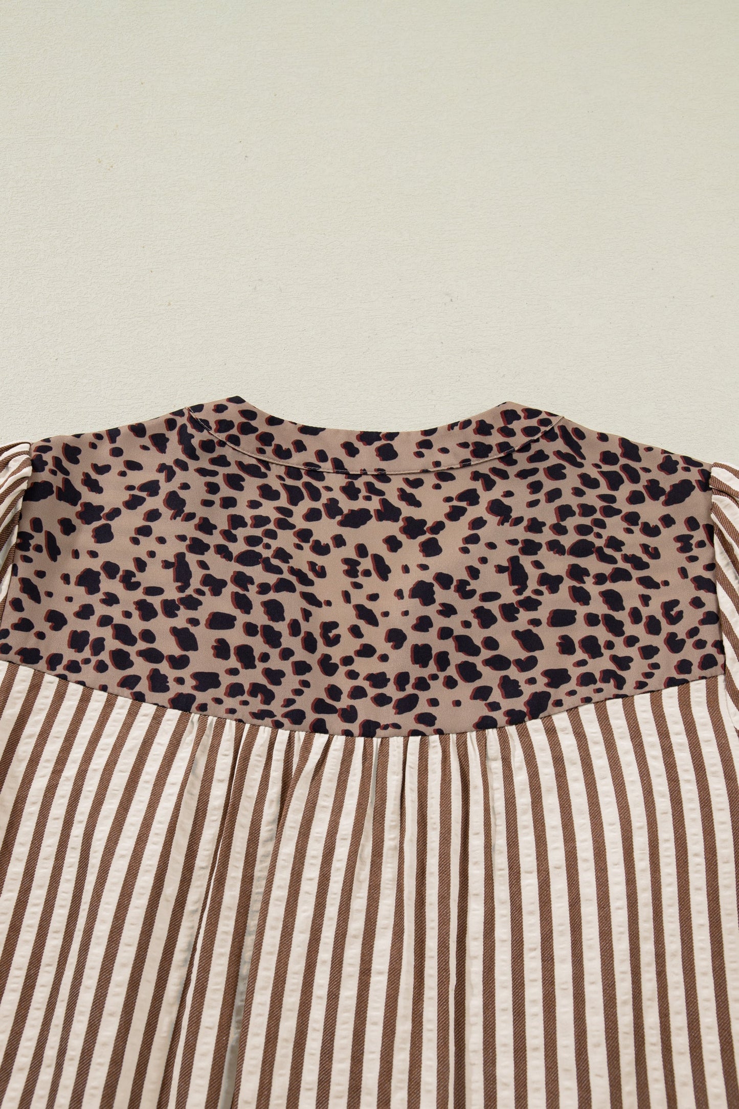 Stripe Leopard Trim V-Neck Buttoned Short Sleeve Shirt
