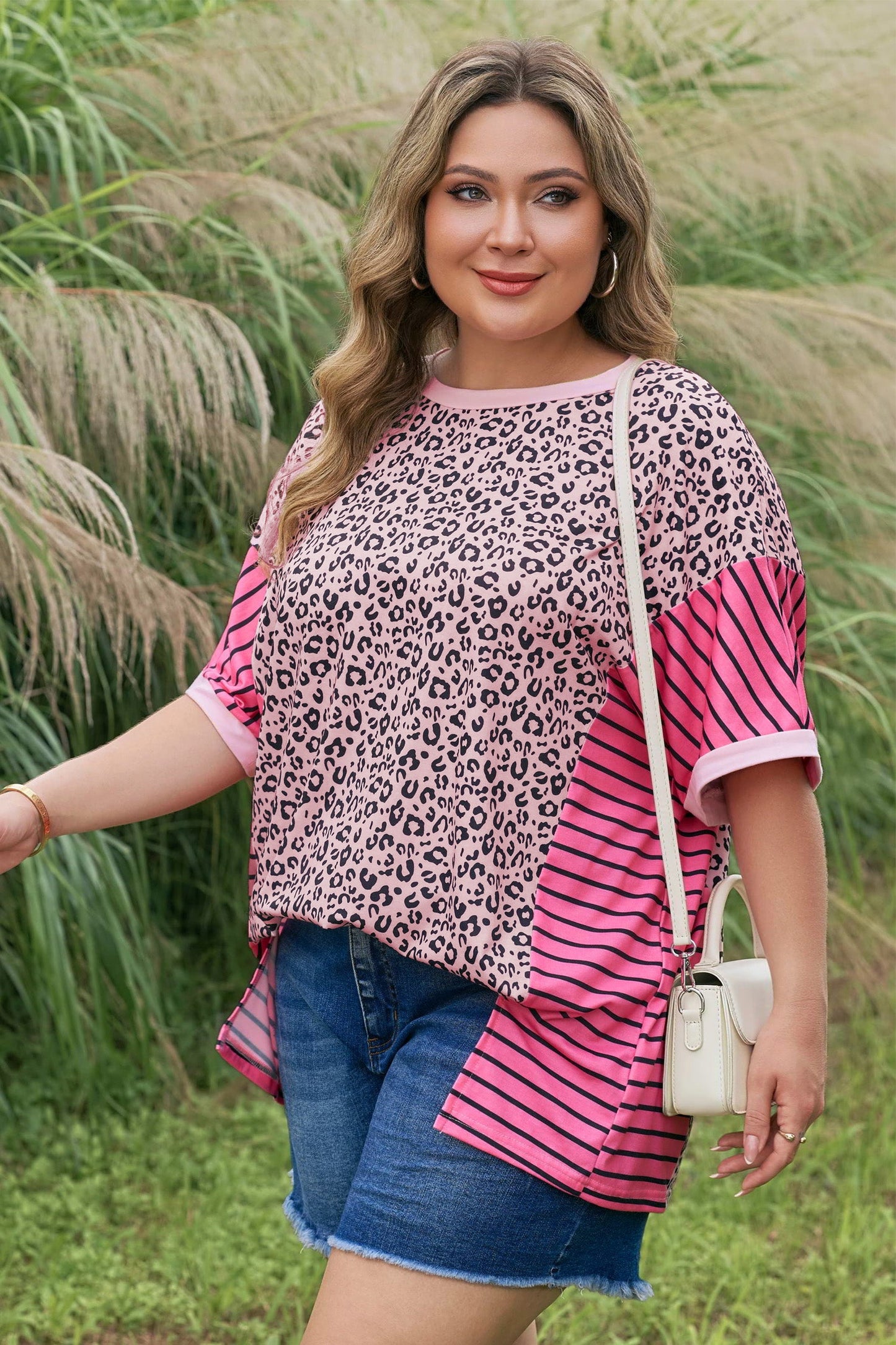 Plus Size Leopard Stripe Contrast Patchwork Tee