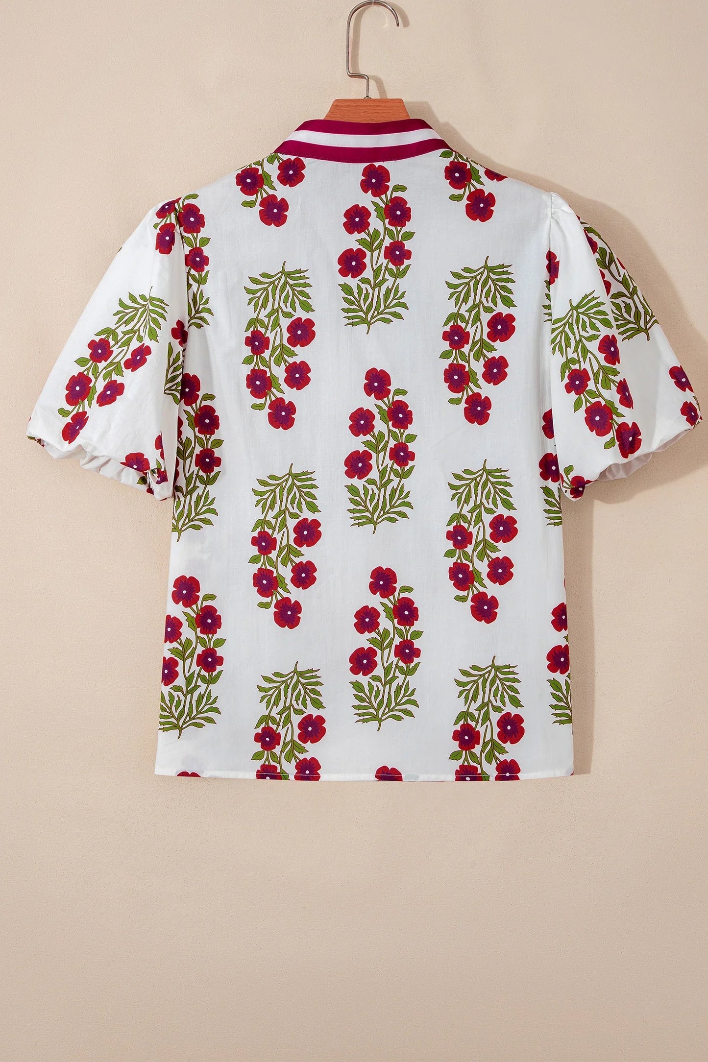 Floral Contrast Slit V-Neck Short Bubble Sleeve Blouse