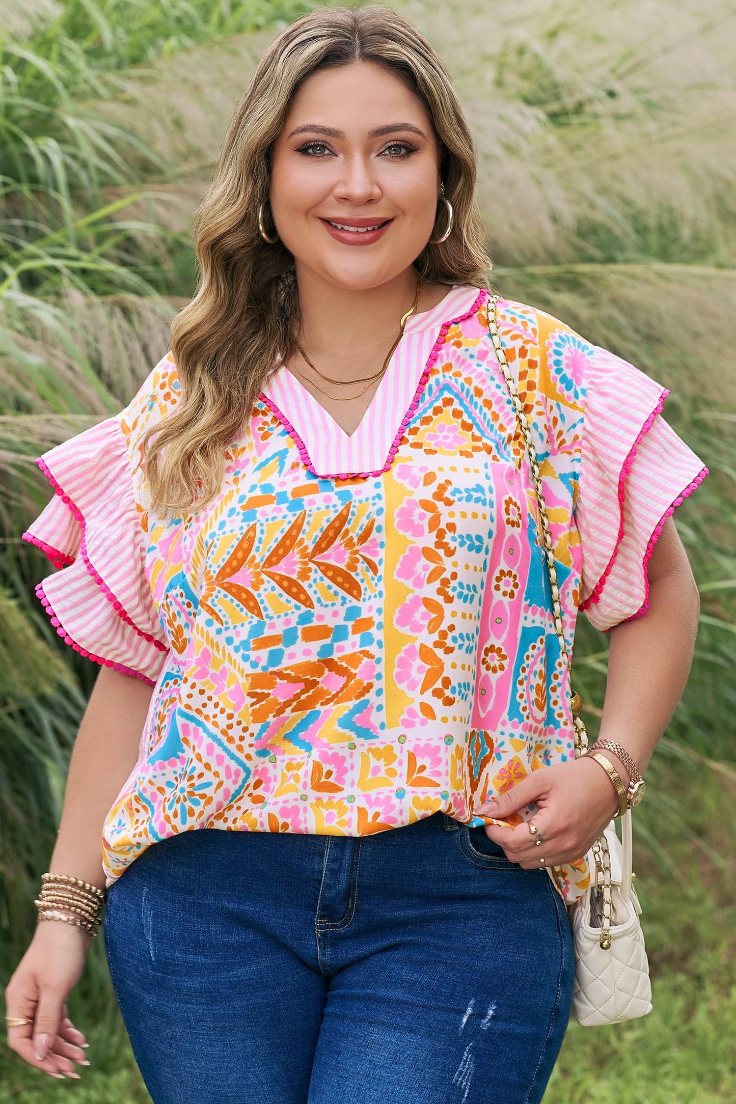 Plus Size Geometric Stripe Contrast Trim V-Neck Blouse